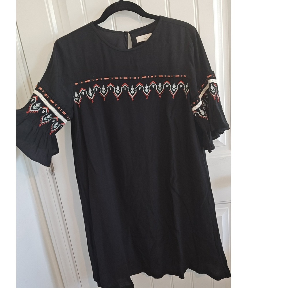 Women Large LOFT Boho Embroidered Rayon Bell Sleeve Shift Dress Black Excellent